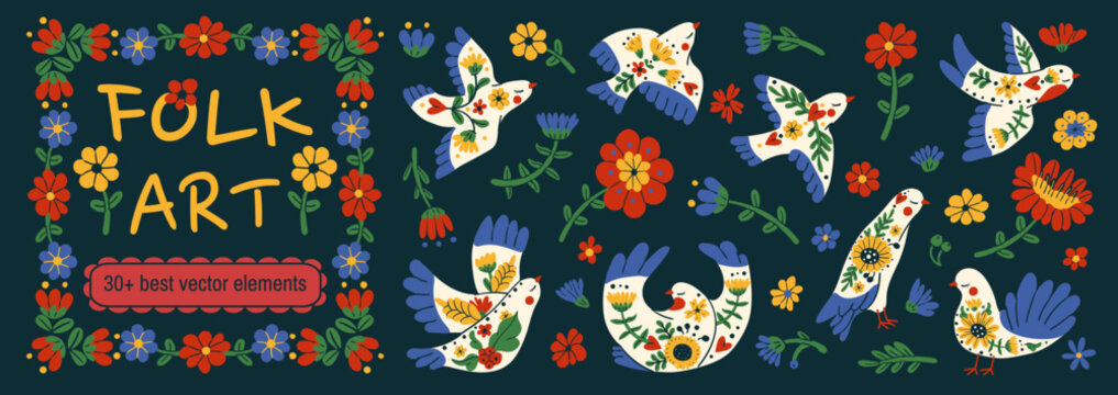 Scandinavian folk bird with floral flower dove. Retro abstract ethnic animal pattern.