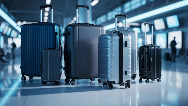 Group of modern hard-shell suitcases with telescopic handles standing in a sleek, illuminated airport terminal.