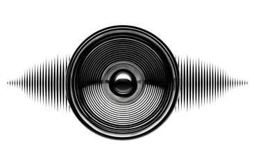 Sound speaker, audio waves.  Black speaker cone,  ringed, centered.  Sound waves,  black lines,  symmetrical.  Isolated on white background