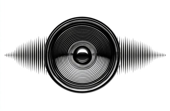 Sound speaker, audio waves.  Black speaker cone,  ringed, centered.  Sound waves,  black lines,  symmetrical.  Isolated on white background