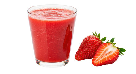 Isolated strawberry smoothie in a glass with fresh ripe strawberries next to it. Tasty beverage
