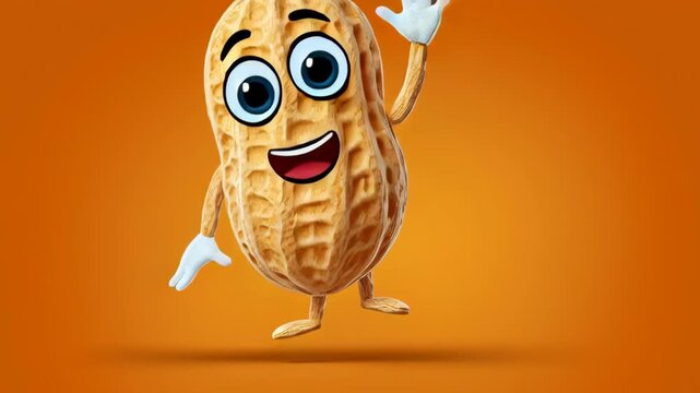Animated peanut character joyfully waving and smiling, showcasing a playful demeanor against a vibrant orange background, capturing a lively and engaging moment in a fun sequence of motion