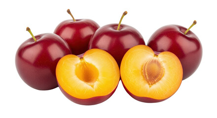 Isolated plum halves and whole fruits arrangement sweet juicy with stem healthy ripe