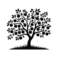 Obraz premium Silhouette of a fruitful apple tree with ripe apples and grass at its base isolated on white