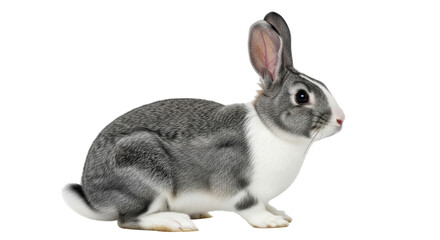 Isolated rabbit sitting, cute pet with gray fur and white markings, fluffy animal face