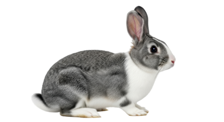 Isolated rabbit sitting, cute pet with gray fur and white markings, fluffy animal face