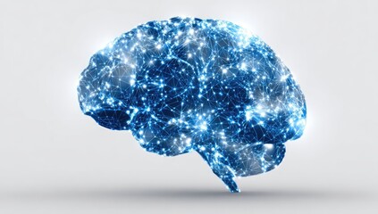 3D rendered stylized brain, glowing blue network