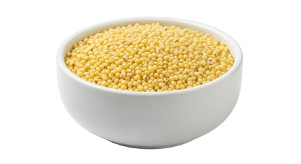 Isolated bowl full of raw millet grain, ingredient for healthy diet, nutrition, food