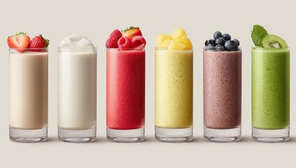 Six colorful smoothies in clear glasses, showcasing a variety of fruit toppings