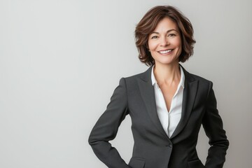 Full body portrait of a smiling business woman dressed in a suit. Studio shot against a white background with copy space to the side.