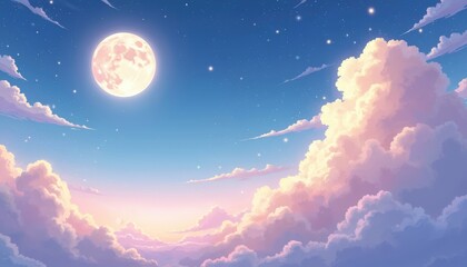 Pastel anime illustration of night sky with full moon and stars. Fluffy clouds glow with warm light. Beautiful dreamlike atmosphere, celestial scene perfect for wallpapers and backgrounds.