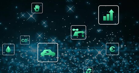 Dark starfield initiating neon-green icons drifting and shifting while visualizing sustainability - Powered by Adobe