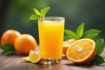 Fototapeta premium Glass of freshly squeezed orange juice, pulp visible, close-up, juicy, bright