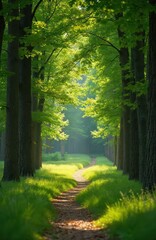 Obraz premium Sunlit path winds through European beech forest in Ukraine. Rich green grass borders walkway lined with tall trees. Sunlight filters through leaves, creating sunbeams and illuminating natural scenery.