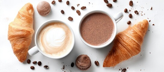 Two cups of coffee, one latte and one hot chocolate, alongside croissants and macarons on a white surface