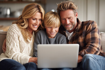 Happy family using a laptop together at home. A smiling mother and father are watching a video on the computer with their son in the living room.