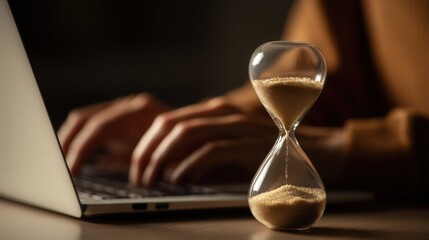 Hourglass with a woman working on a laptop in the background, a time management concept stock photo.