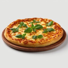 A whole pizza, topped with melted cheese and fresh basil, sits on a wooden plate
