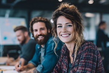 Career team in a bright spacious office smiling and collaborating over documents with vibrant energy
