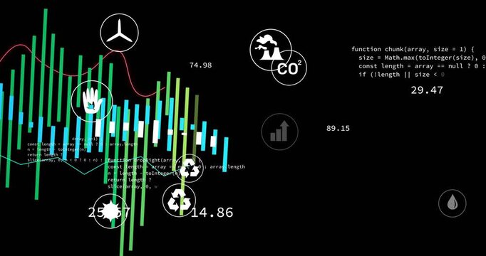 Starting from black screen bars rising and falling icons fading code scrolling showing eco metrics