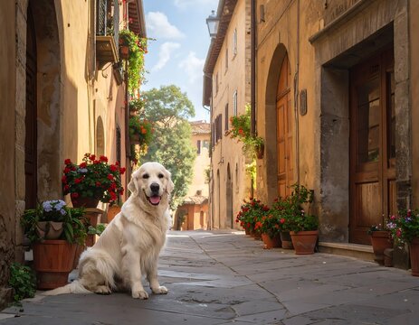 Fototapeta Golden Retriever in a Tuscan Alleyway Charm