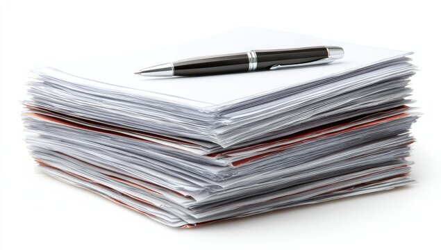 A stack of papers with a pen resting on top