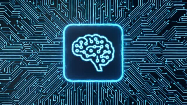 Artificial Inteligence Concept with Brain in Blue Circuit Board