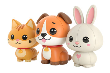 Naklejka premium Adorable 3D cartoon cat dog and bunny animal characters together isolated on transparent background