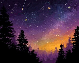 Naklejka premium Pixel art of a night sky over a dark forest