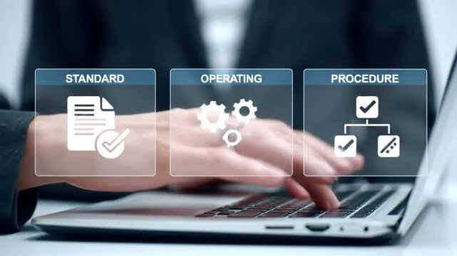 Businesswoman Types on Laptop Under Standard Operating Procedure Graphics