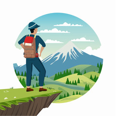Adventure tourism and travel concept. Man traveler with backpack wearing trekking gear standing on the top of hiking trail and looking at the mountains landscape. Vector illustration. 