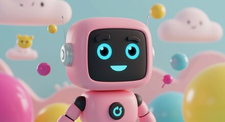 Cute pink robot with a smiling face in a colorful, whimsical setting.