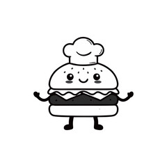 cute burger chef black and white logo illustration
