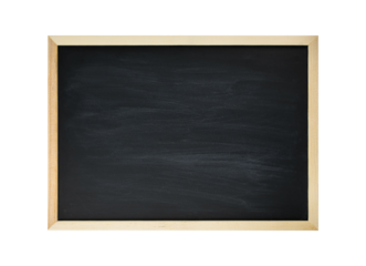 Blank chalkboard with wooden frame isolated on white background. Ideal for educational, school, restaurant menu, or announcement design purposes. Horizontal orientation, clean and minimal look.