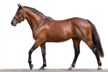 Obraz premium Beautiful brown horse walking gracefully against a transparent background, showcasing its strong build and elegant stride in a studio setting
