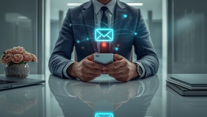 Focused professional in a modern office using a smartphone for digital communication, glowing network icons symbolizing global connectivity and efficient business messaging