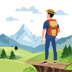 Adventure tourism and travel concept. Man traveler with backpack wearing trekking gear standing on the top of hiking trail and looking at the mountains landscape. Vector illustration. 