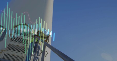 Technician ascending wind turbine deck, raising laptop, analyzing data overlay monitoring metrics - Powered by Adobe