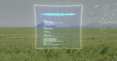 Faint code streams appearing activating 3D dashboard over field near wind turbine monitoring energy - Powered by Adobe