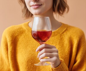 A woman in a mustard yellow sweater holds a glass of ros? wine, showcasing a warm autumnal ambiance.