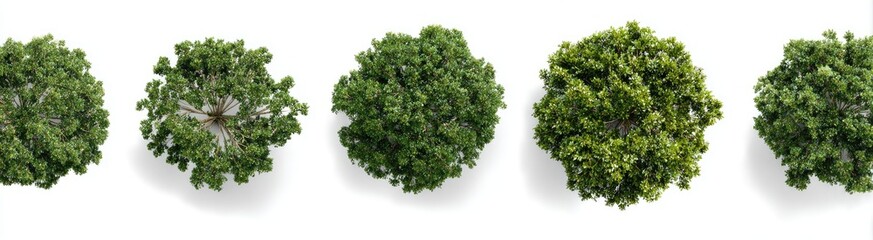 Obraz premium Overhead view of five trees. Five lush green trees, each with a full canopy, are depicted against a plain white background. The trees are arranged in a horizontal row. 