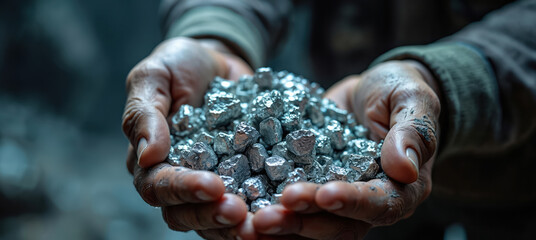 Close-up of weathered hands holding raw ore chunks. Silver, platinum, rare earth minerals gleam, suggesting valuable geological deposits. Imagery evokes themes of mining, industry, natural resources,