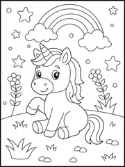 Unicorn Coloring Page for Kids with Rainbow, Stars, and Flowers. Fun Fantasy Activity Sheet for Children, Preschool, and Kindergarten Learning
