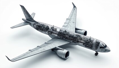 Airplane cutaway schematic shows detailed engineering design of internal structure, components. White background highlights aviation industry technology, aerospace systems, complex machinery