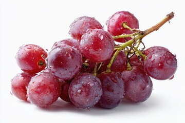 A cluster of plump, red grapes covered in water droplets, positioned on a white background