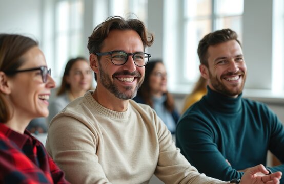 Multi-generational group of students actively participate in workshop, displaying attentiveness, positive engagement. Diverse individuals interact in modern classroom setting, fostering