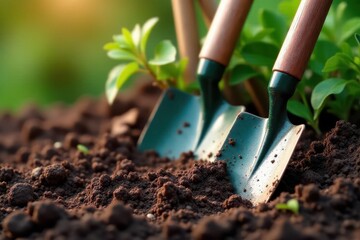 Close-up of various garden tools nestled in rich soil, isolated , sharp, spade, hoe
