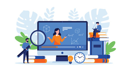 Tiny people characters engage in online education concept on a computer screen with magnifying glass and books