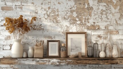 Rustic display shelf with dried flowers and framed photos