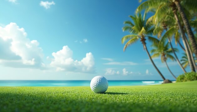 Golf ball rests on lush green grass of a tropical golf course near a pristine ocean. Palm trees sway under a clear blue sky with fluffy clouds, suggesting a perfect summer vacation for golfers.